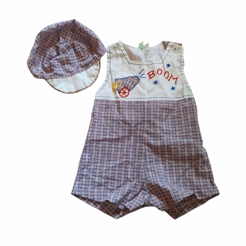Vintage 1980s A TINY TOTS ORIGINAL Infant Plaid Shortalls Romper Hat  Size 18M